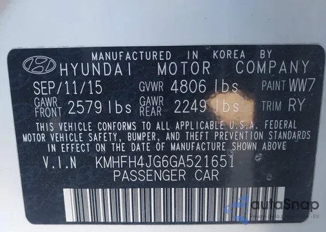 2016 Hyundai Azera Limited z USA, uszkodzony, nr VIN KMHFH4JG6GA521651